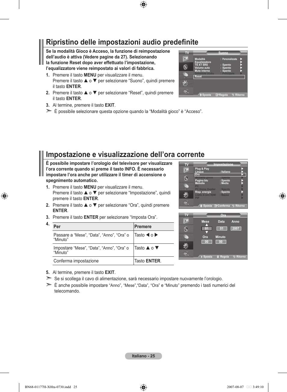 Ripristino delle impostazioni audio predefinite, Impostazione e visualizzazione dell’ora corrente | Samsung LE22S81B User Manual | Page 179 / 461