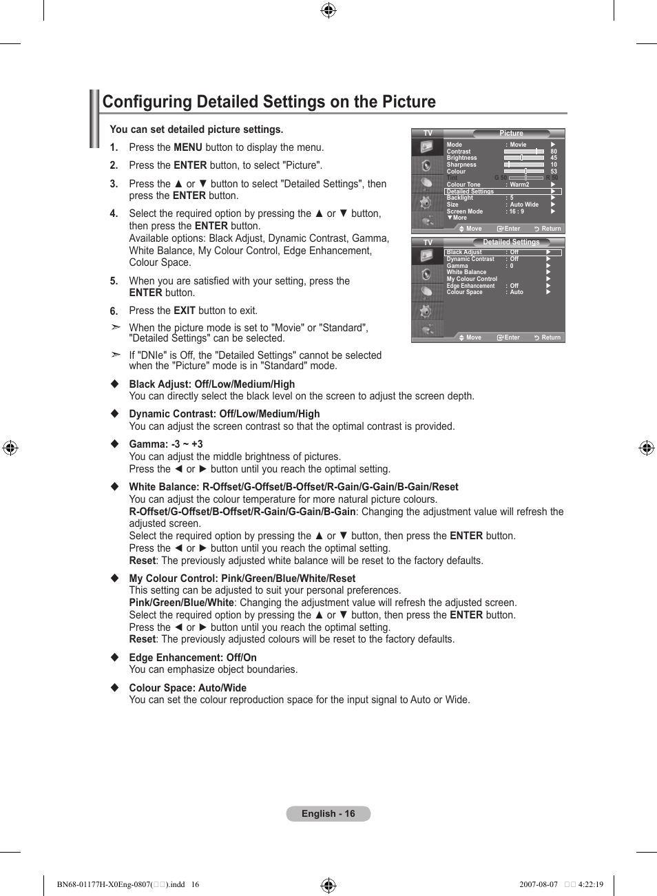 Configuring detailed settings on the picture | Samsung LE22S81B User Manual | Page 18 / 461