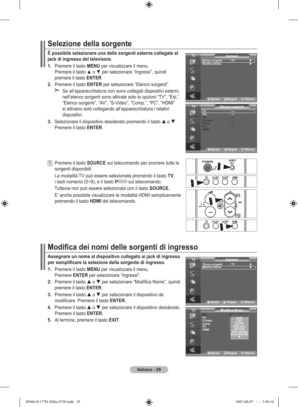 Selezione della sorgente, Modifica dei nomi delle sorgenti di ingresso | Samsung LE22S81B User Manual | Page 183 / 461