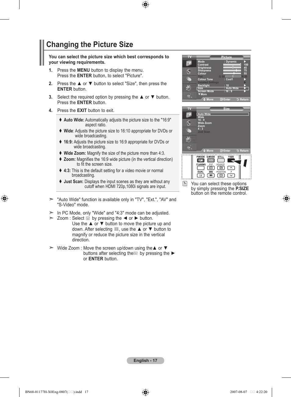 Changing the picture size | Samsung LE22S81B User Manual | Page 19 / 461