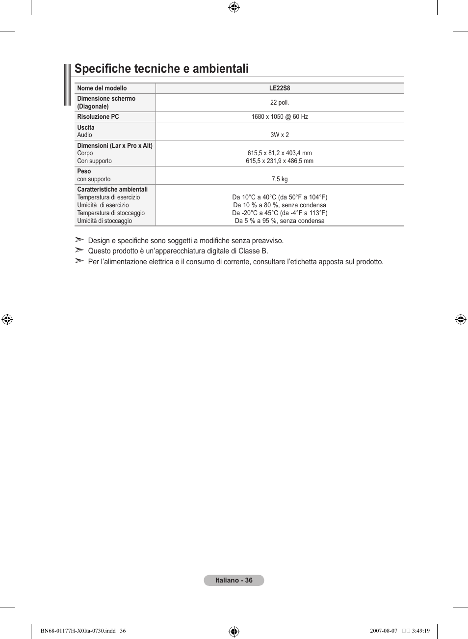 Specifiche tecniche e ambientali | Samsung LE22S81B User Manual | Page 190 / 461