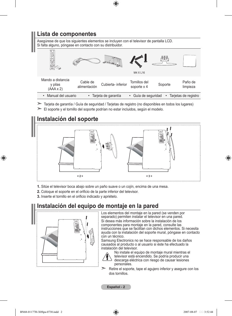 Lista de componentes, Instalación del soporte, Instalación del equipo de montaje en la pared | Samsung LE22S81B User Manual | Page 194 / 461