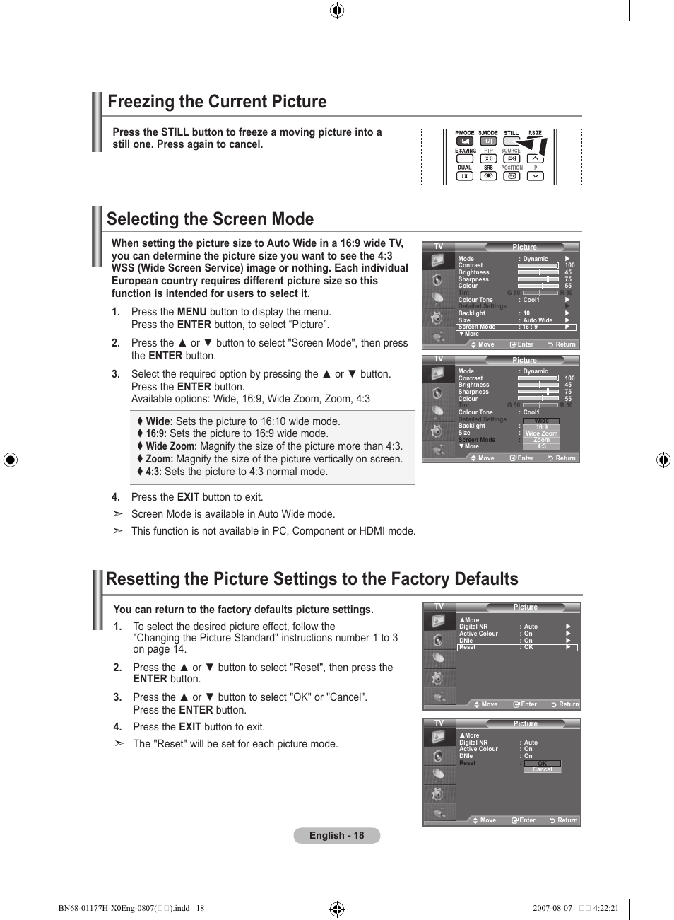 Freezing the current picture, Selecting the screen mode | Samsung LE22S81B User Manual | Page 20 / 461