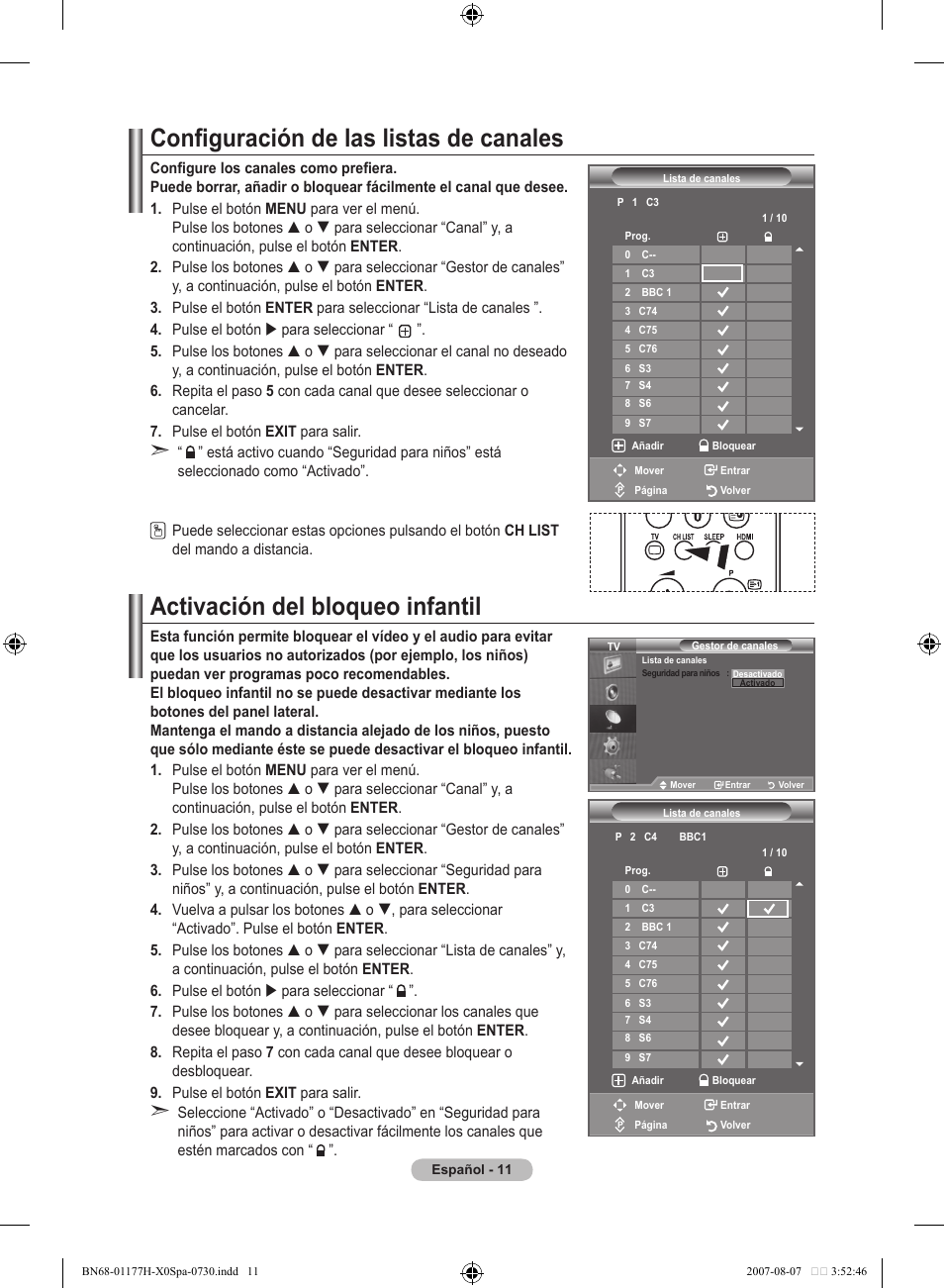 Configuración de las listas de canales, Activación del bloqueo infantil | Samsung LE22S81B User Manual | Page 203 / 461