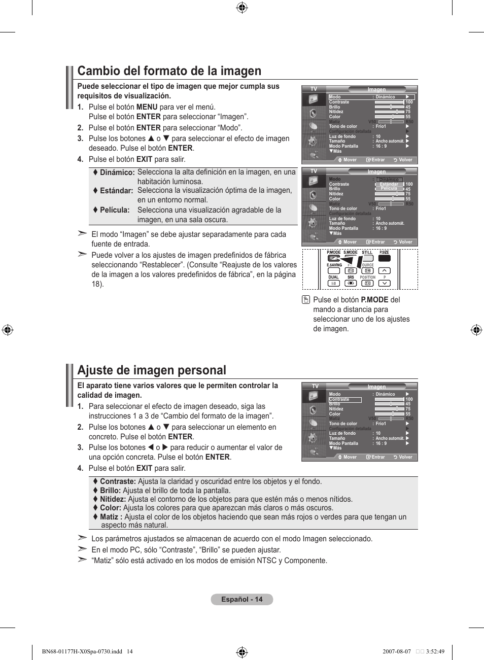 Cambio del formato de la imagen, Ajuste de imagen personal | Samsung LE22S81B User Manual | Page 206 / 461