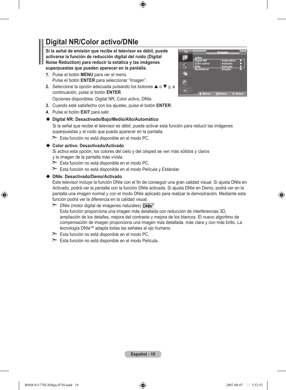 Digital nr/color activo/dnie | Samsung LE22S81B User Manual | Page 211 / 461