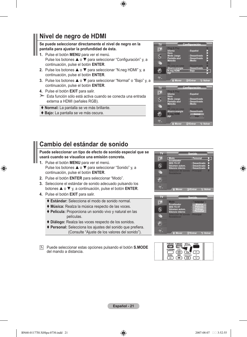 Nivel de negro de hdmi, Cambio del estándar de sonido | Samsung LE22S81B User Manual | Page 213 / 461