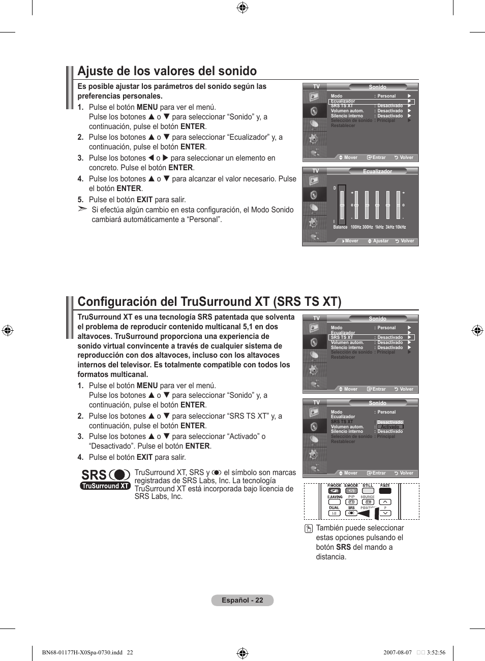 Ajuste de los valores del sonido, Configuración del trusurround xt (srs ts xt) | Samsung LE22S81B User Manual | Page 214 / 461