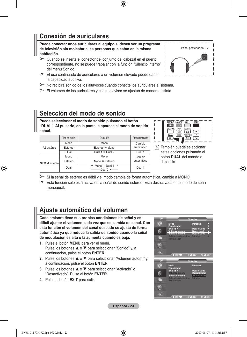 Conexión de auriculares, Selección del modo de sonido, Ajuste automático del volumen | Samsung LE22S81B User Manual | Page 215 / 461