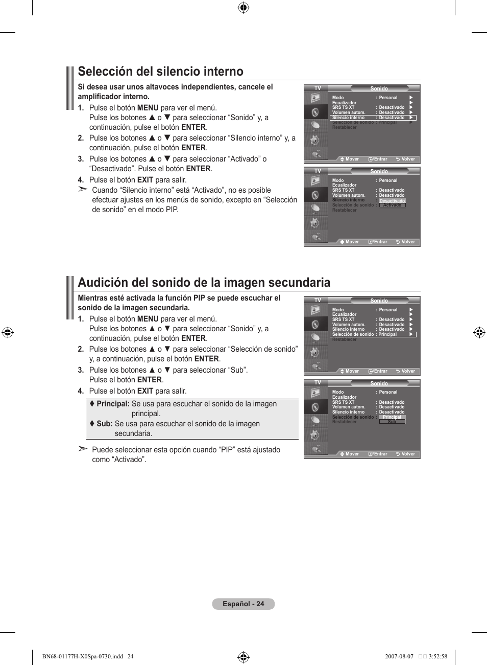 Selección del silencio interno, Audición del sonido de la imagen secundaria | Samsung LE22S81B User Manual | Page 216 / 461