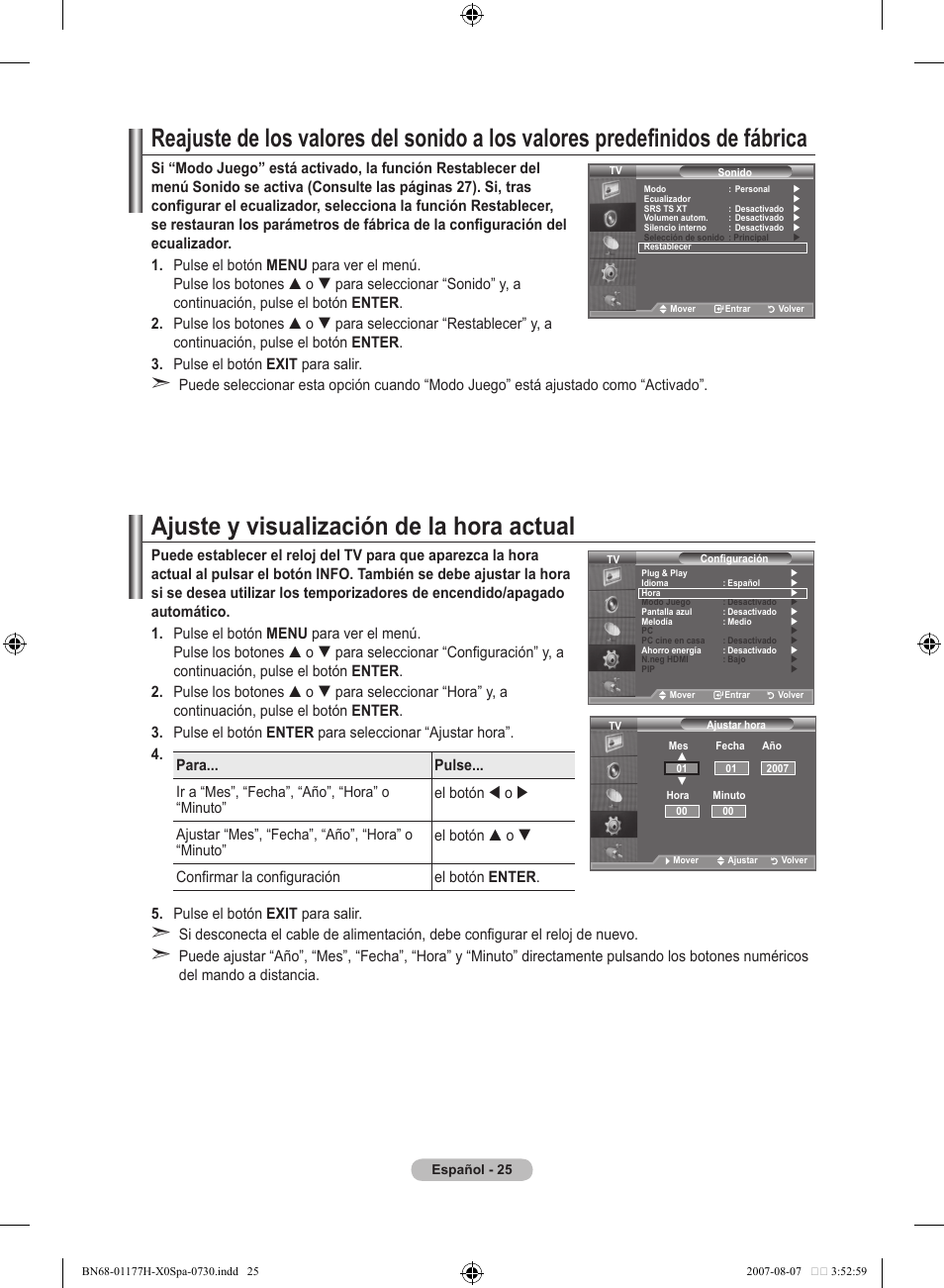 Ajuste y visualización de la hora actual | Samsung LE22S81B User Manual | Page 217 / 461