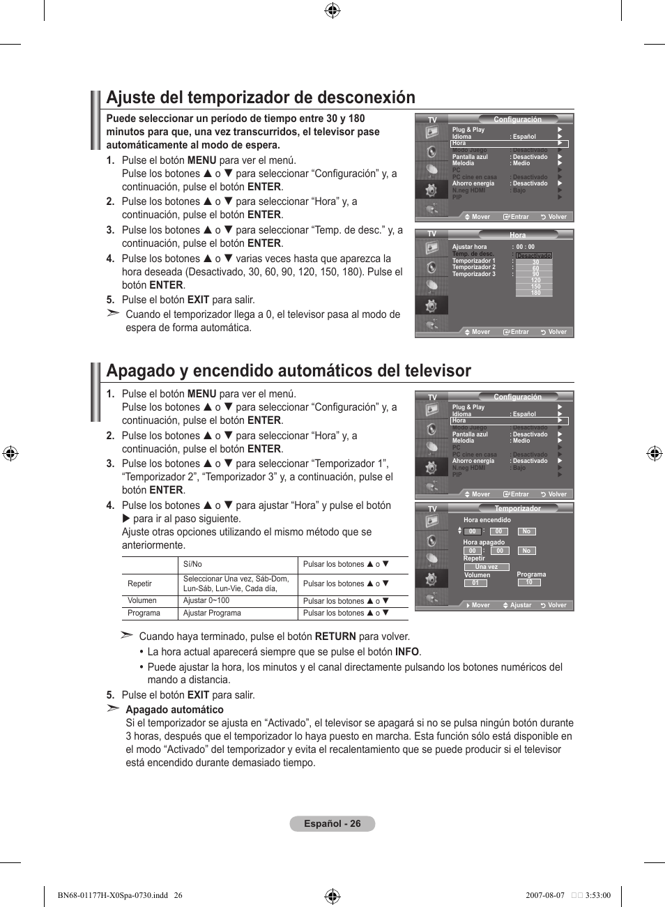 Ajuste del temporizador de desconexión, Apagado y encendido automáticos del televisor | Samsung LE22S81B User Manual | Page 218 / 461