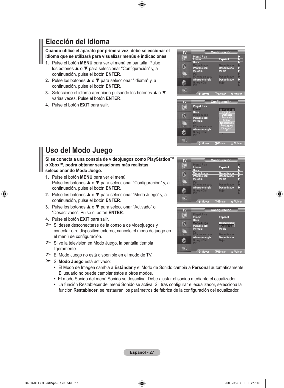 Elección del idioma, Uso del modo juego, O xbox | Samsung LE22S81B User Manual | Page 219 / 461