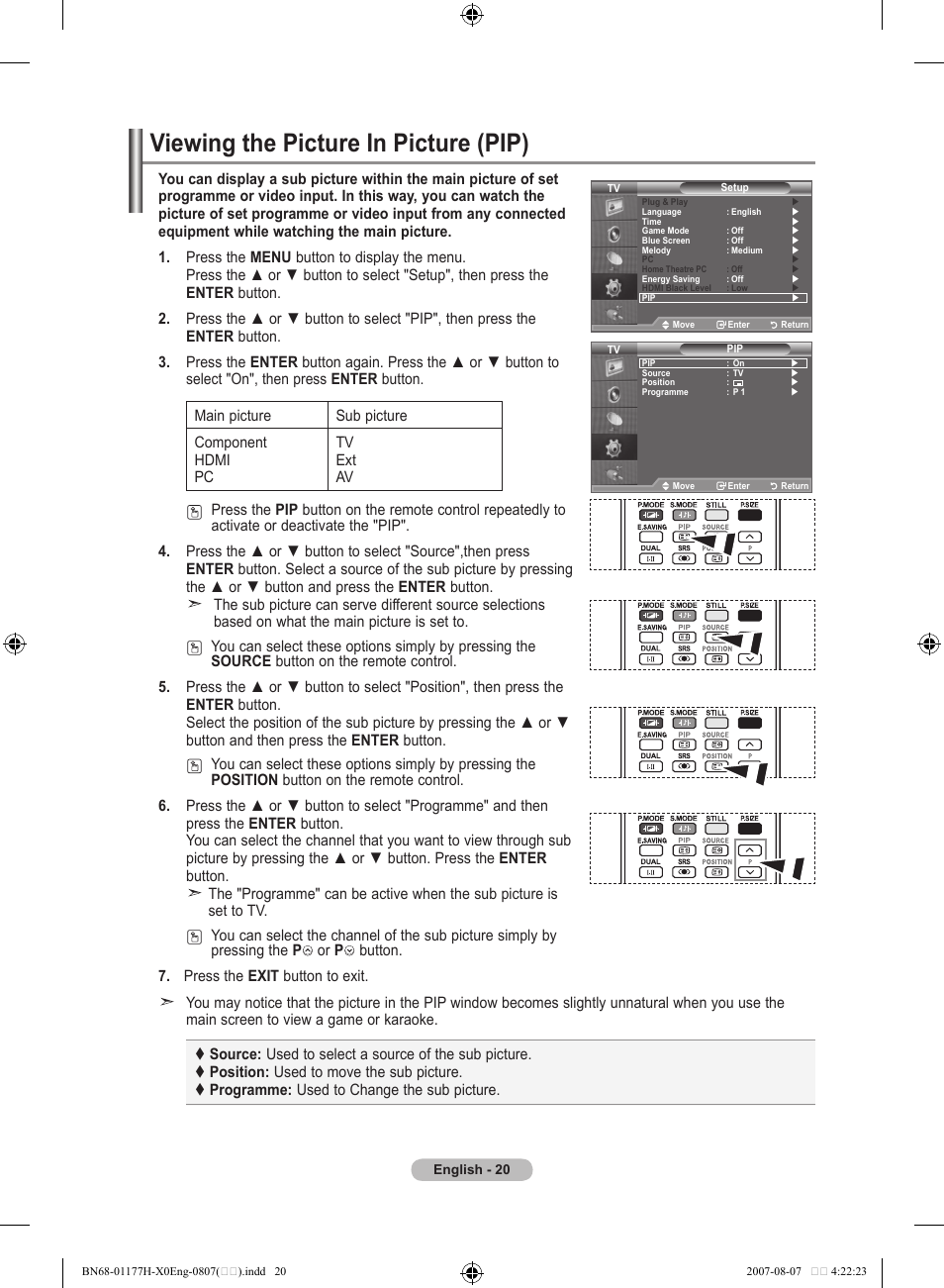 Viewing the picture in picture (pip) | Samsung LE22S81B User Manual | Page 22 / 461