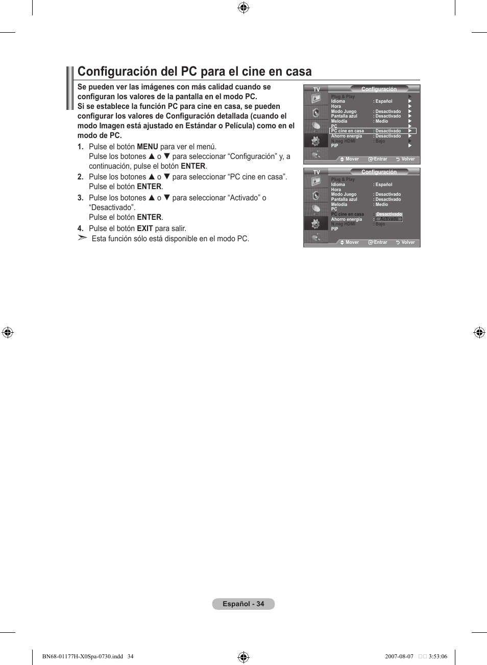 Configuración del pc para el cine en casa | Samsung LE22S81B User Manual | Page 226 / 461