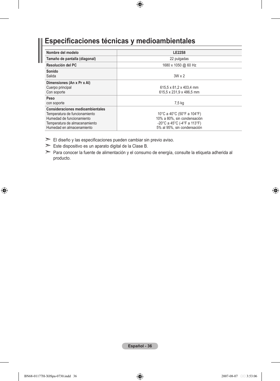 Especificaciones técnicas y medioambientales | Samsung LE22S81B User Manual | Page 228 / 461