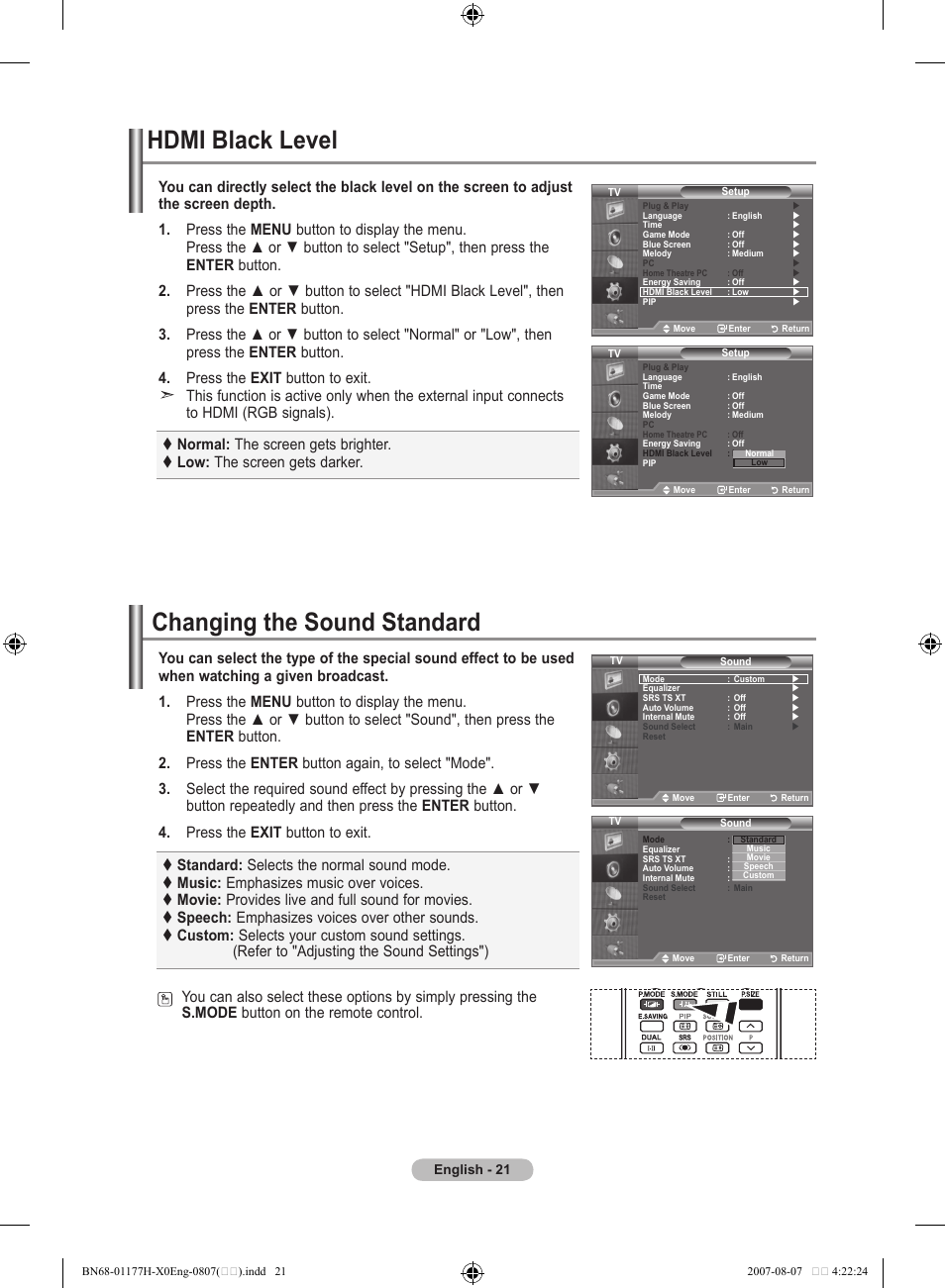 Hdmi black level, Setting the sound, Changing the sound standard | Samsung LE22S81B User Manual | Page 23 / 461