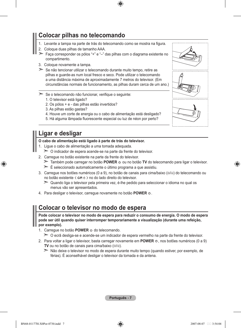 Colocar pilhas no telecomando, Ligar e desligar, Colocar o televisor no modo de espera | Samsung LE22S81B User Manual | Page 237 / 461