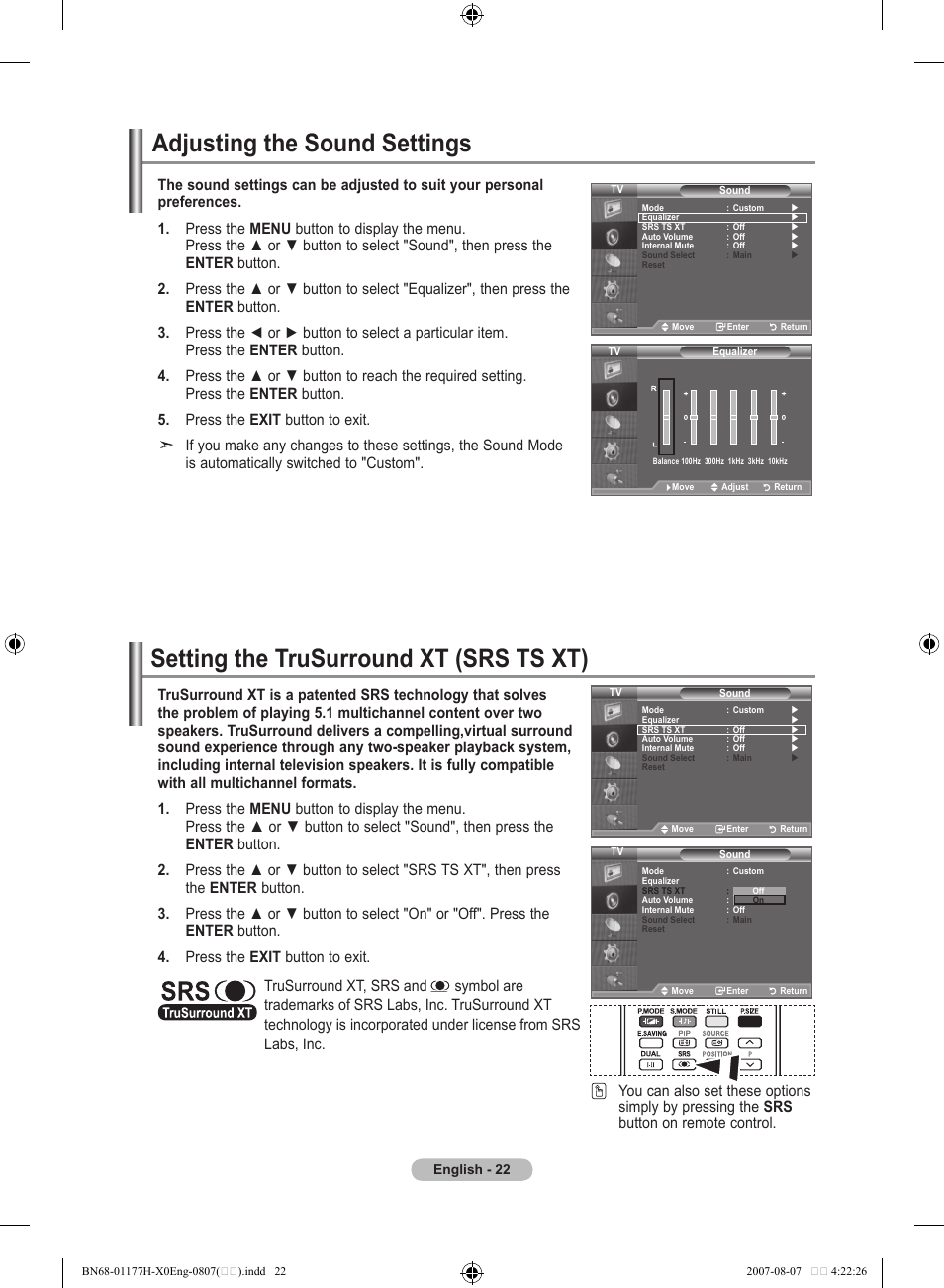 Adjusting the sound settings, Setting the trusurround xt (srs ts xt) | Samsung LE22S81B User Manual | Page 24 / 461