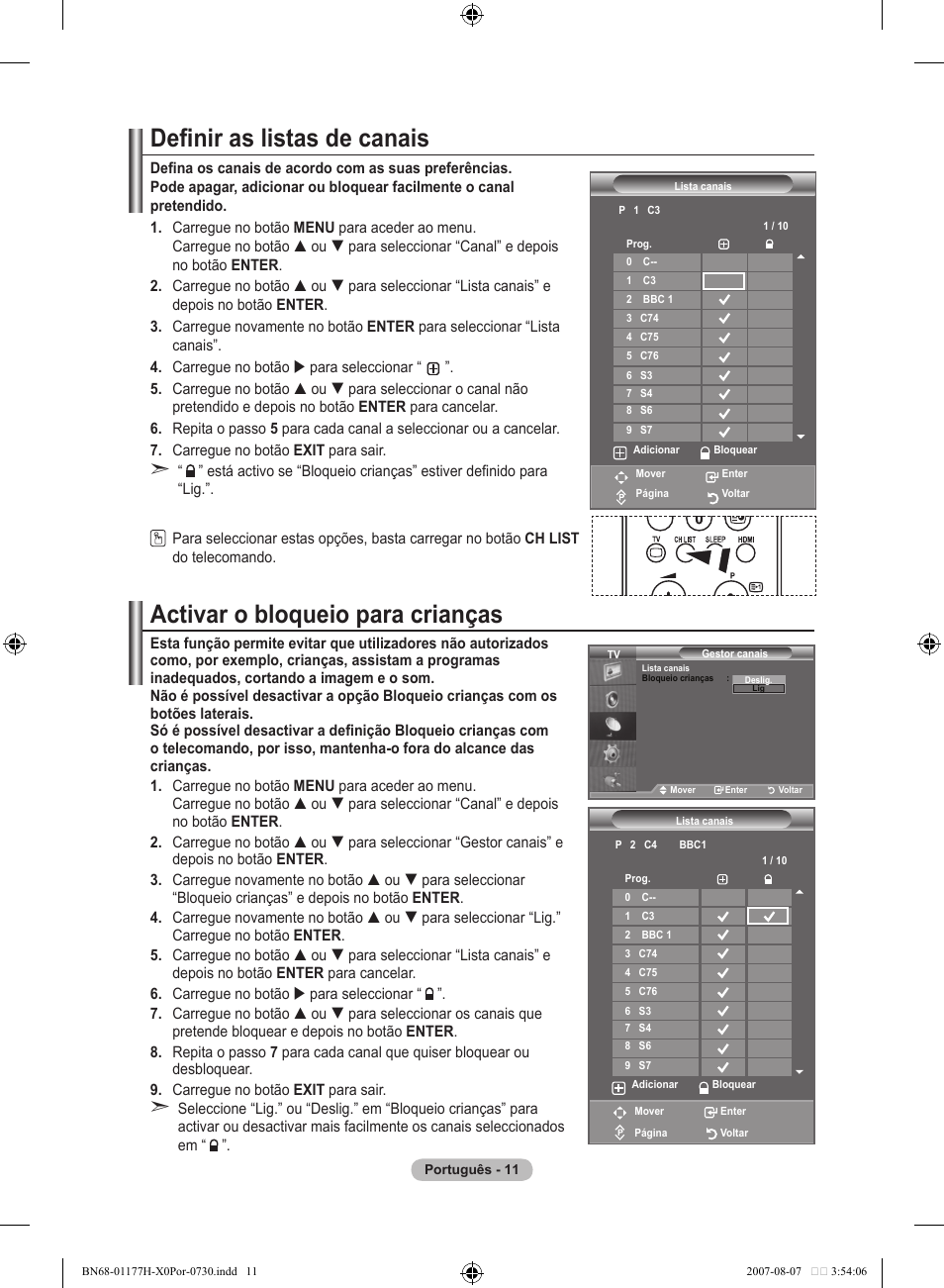 Definir as listas de canais, Activar o bloqueio para crianças | Samsung LE22S81B User Manual | Page 241 / 461