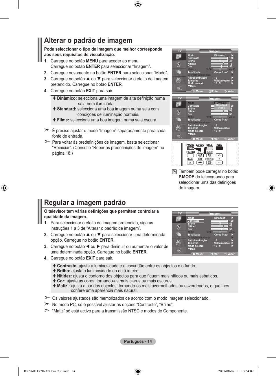 Alterar o padrão de imagem, Regular a imagem padrão | Samsung LE22S81B User Manual | Page 244 / 461