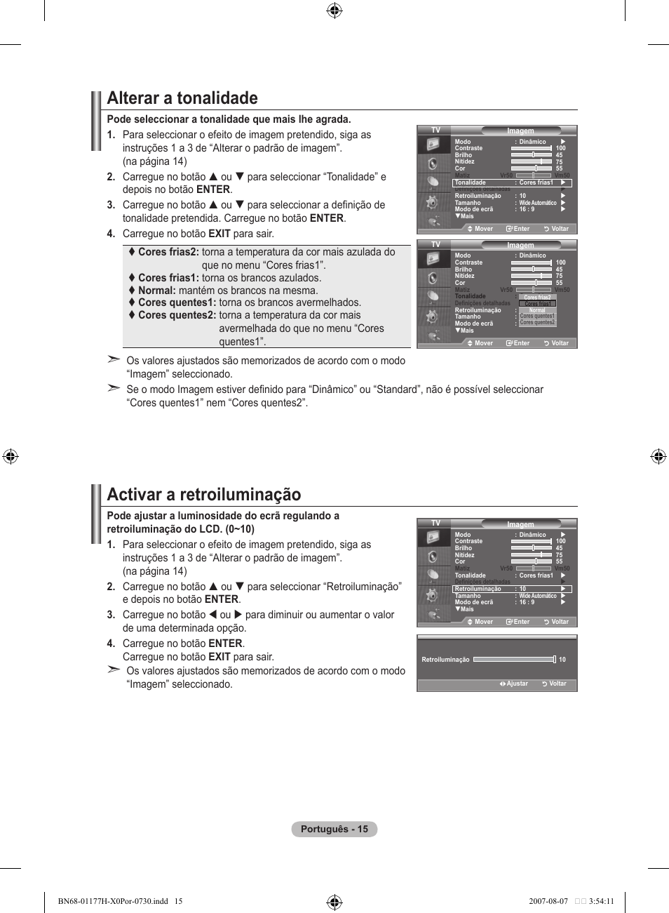 Alterar a tonalidade, Activar a retroiluminação | Samsung LE22S81B User Manual | Page 245 / 461