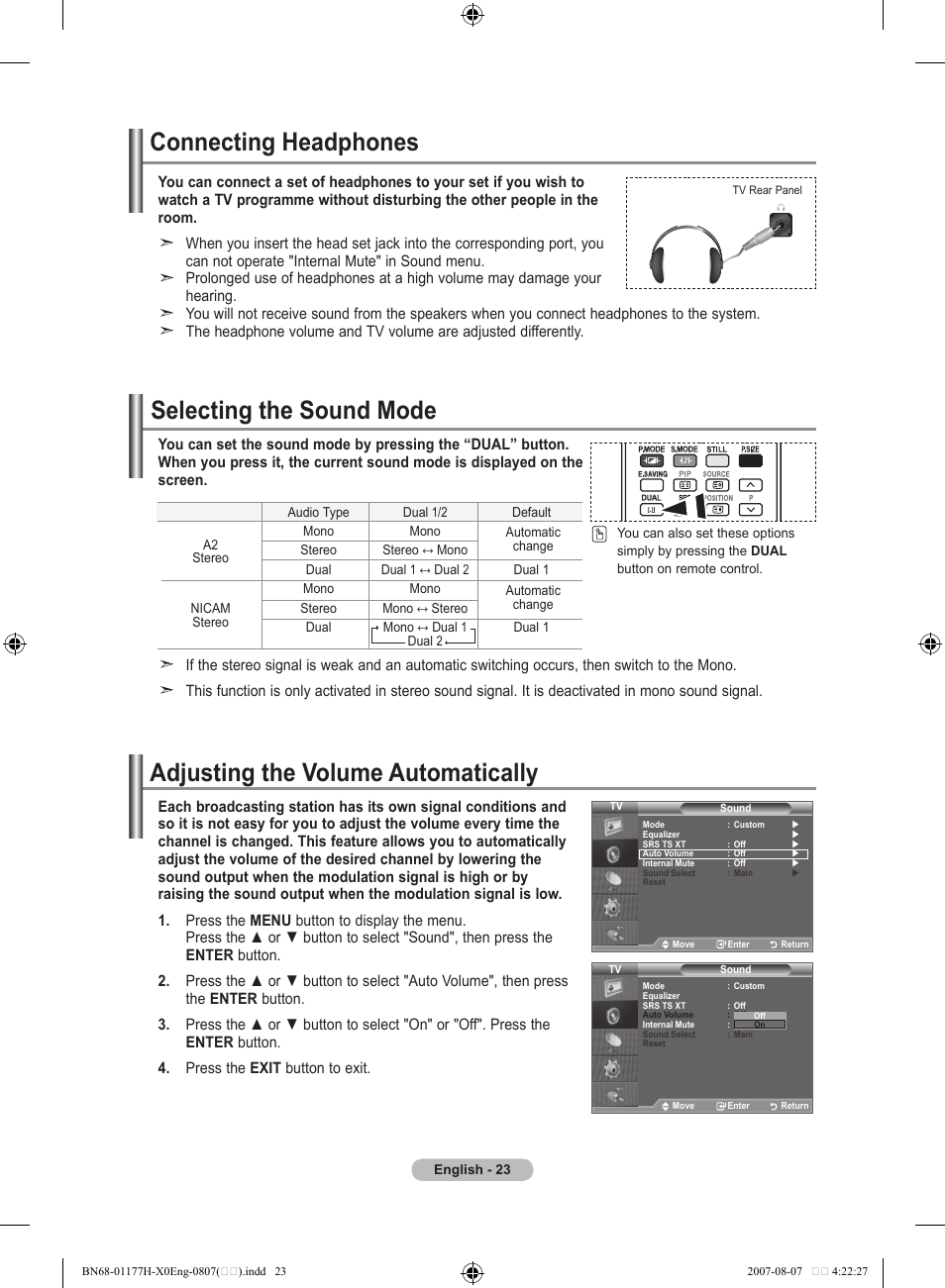 Connecting headphones, Selecting the sound mode, Adjusting the volume automatically | Samsung LE22S81B User Manual | Page 25 / 461