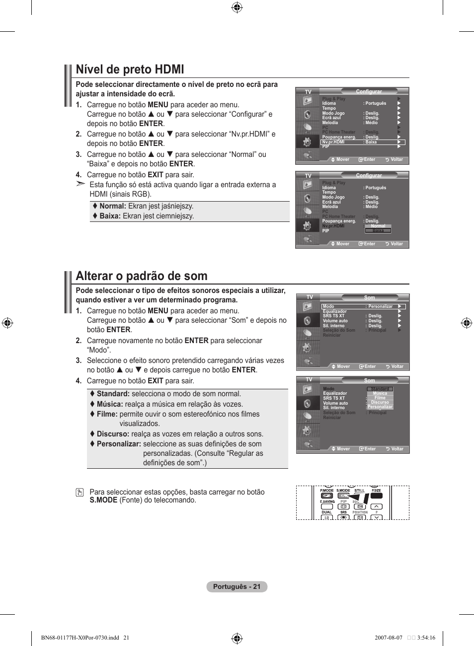 Nível de preto hdmi, Alterar o padrão de som | Samsung LE22S81B User Manual | Page 251 / 461