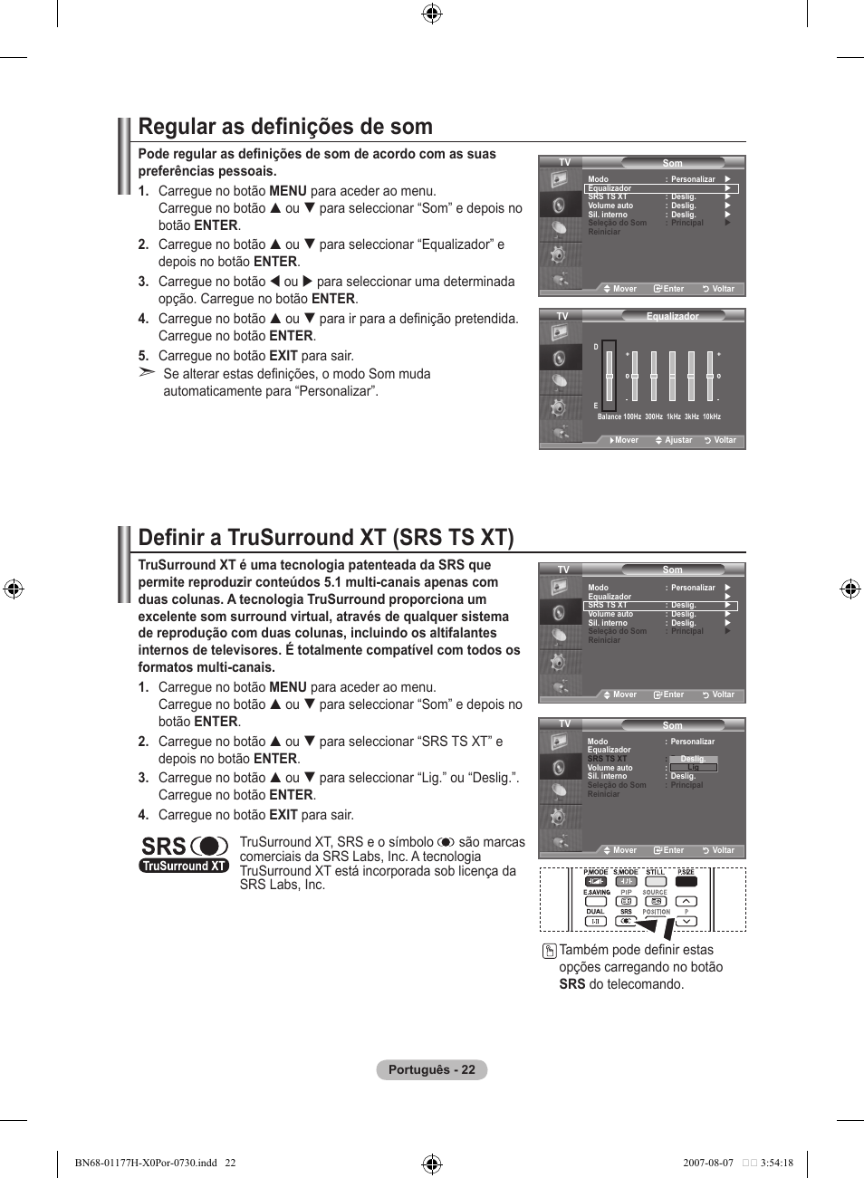 Regular as definições de som, Definir a trusurround xt (srs ts xt) | Samsung LE22S81B User Manual | Page 252 / 461