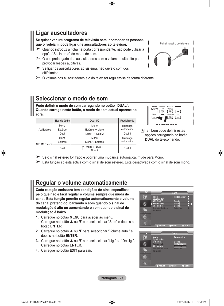 Ligar auscultadores, Seleccionar o modo de som, Regular o volume automaticamente | Samsung LE22S81B User Manual | Page 253 / 461