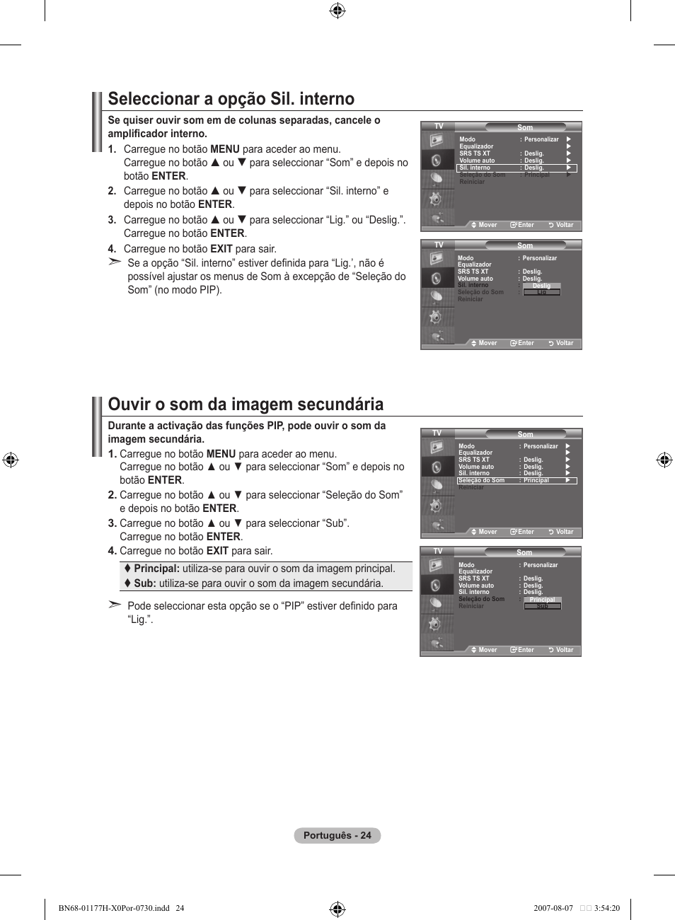Seleccionar a opção sil. interno, Ouvir o som da imagem secundária | Samsung LE22S81B User Manual | Page 254 / 461