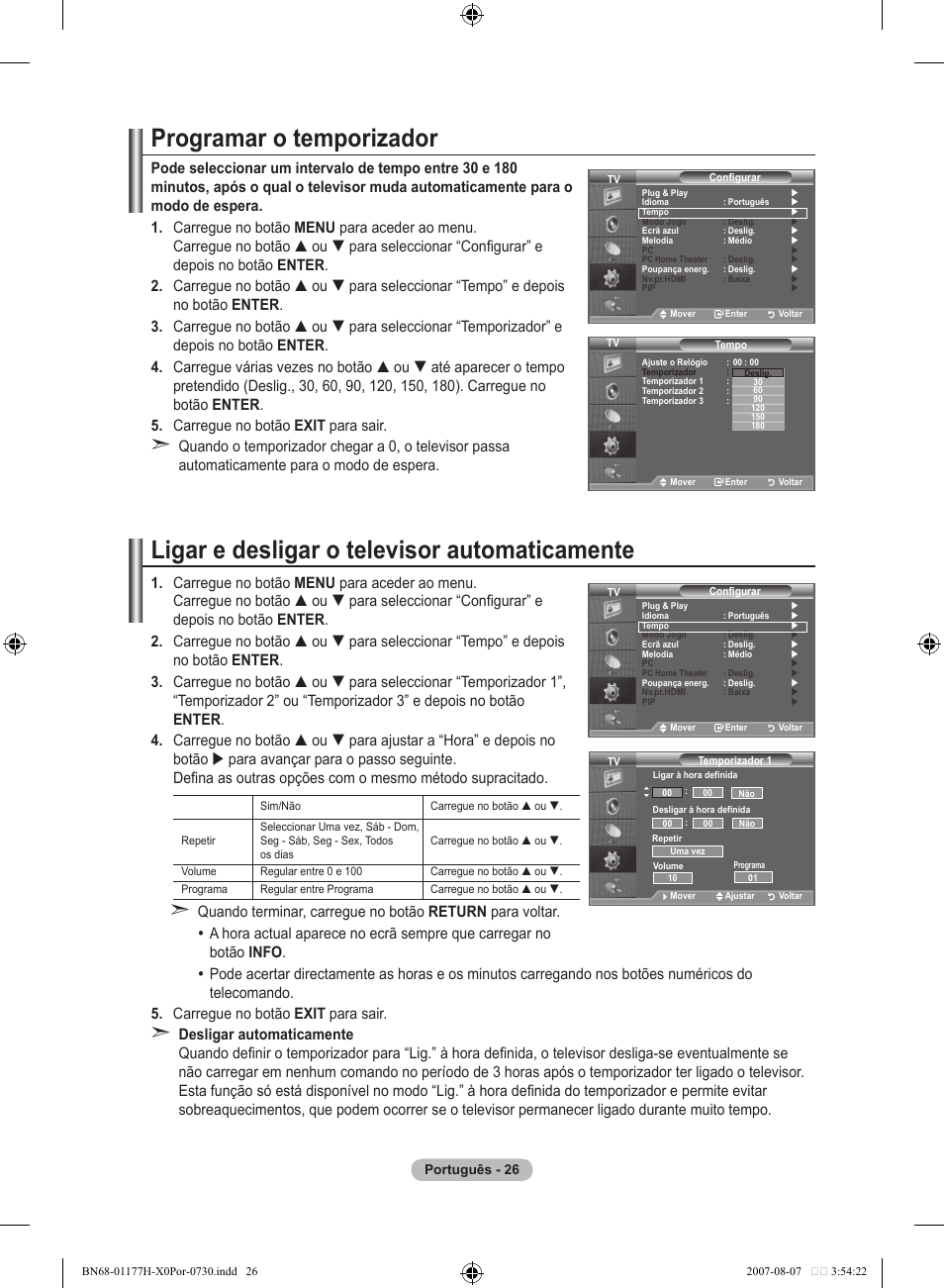 Programar o temporizador, Ligar e desligar o televisor automaticamente | Samsung LE22S81B User Manual | Page 256 / 461