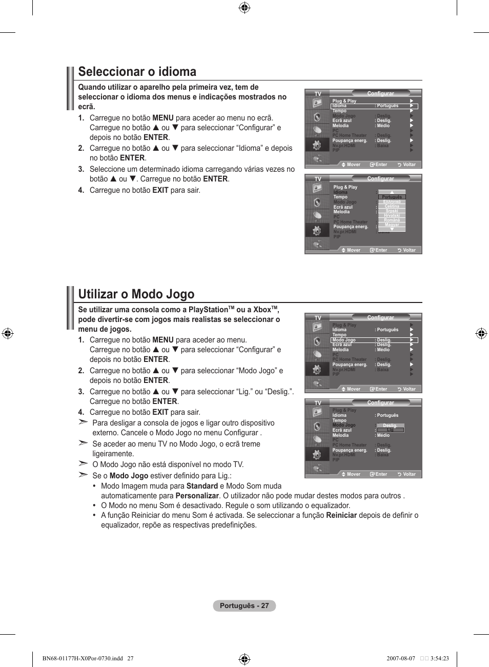 Seleccionar o idioma, Utilizar o modo jogo, Se utilizar uma consola como a playstation | Ou a xbox | Samsung LE22S81B User Manual | Page 257 / 461