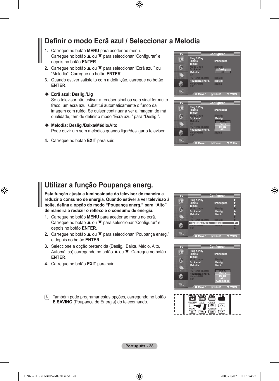 Definir o modo ecrã azul / seleccionar a melodia, Utilizar a função poupança energ | Samsung LE22S81B User Manual | Page 258 / 461