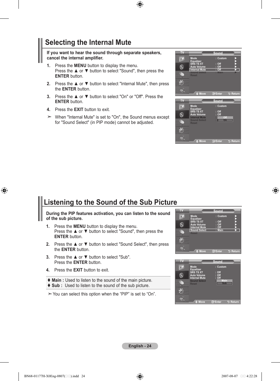 Selecting the internal mute, Listening to the sound of the sub picture | Samsung LE22S81B User Manual | Page 26 / 461