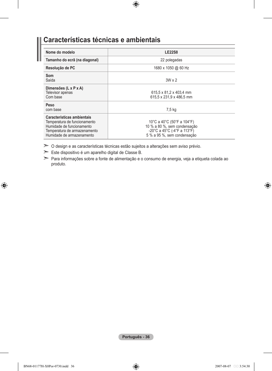 Características técnicas e ambientais | Samsung LE22S81B User Manual | Page 266 / 461