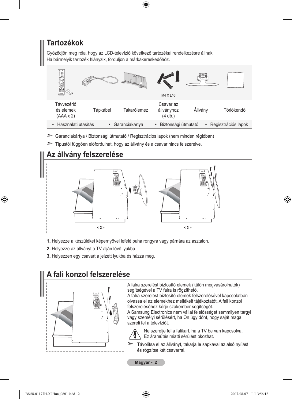 Tartozékok, Az állvány felszerelése, A fali konzol felszerelése | Samsung LE22S81B User Manual | Page 270 / 461