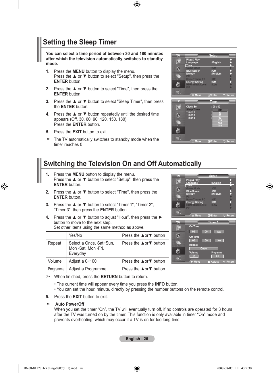 Setting the sleep timer, Switching the television on and off automatically | Samsung LE22S81B User Manual | Page 28 / 461