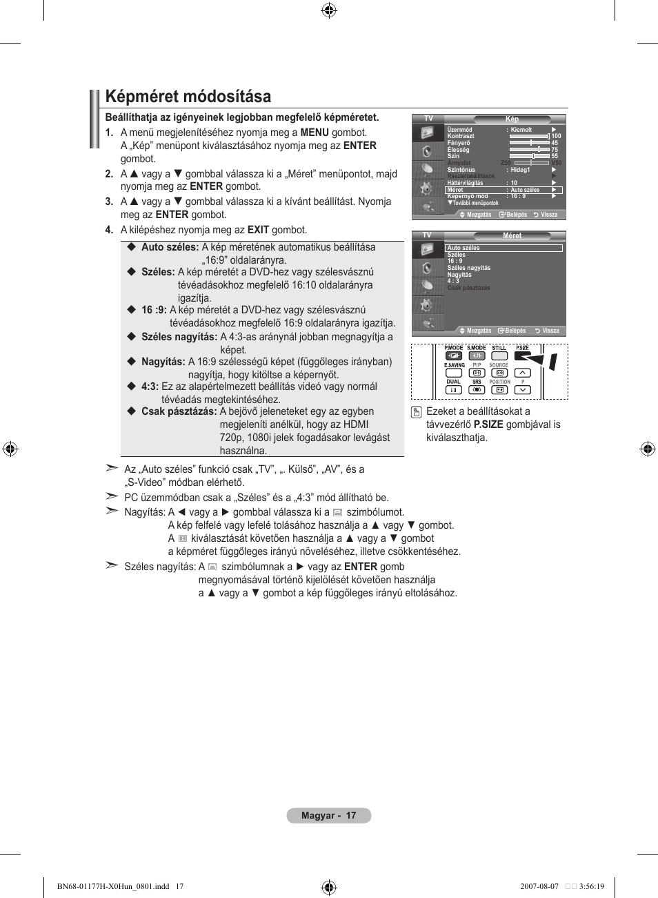 Képméret módosítása | Samsung LE22S81B User Manual | Page 285 / 461