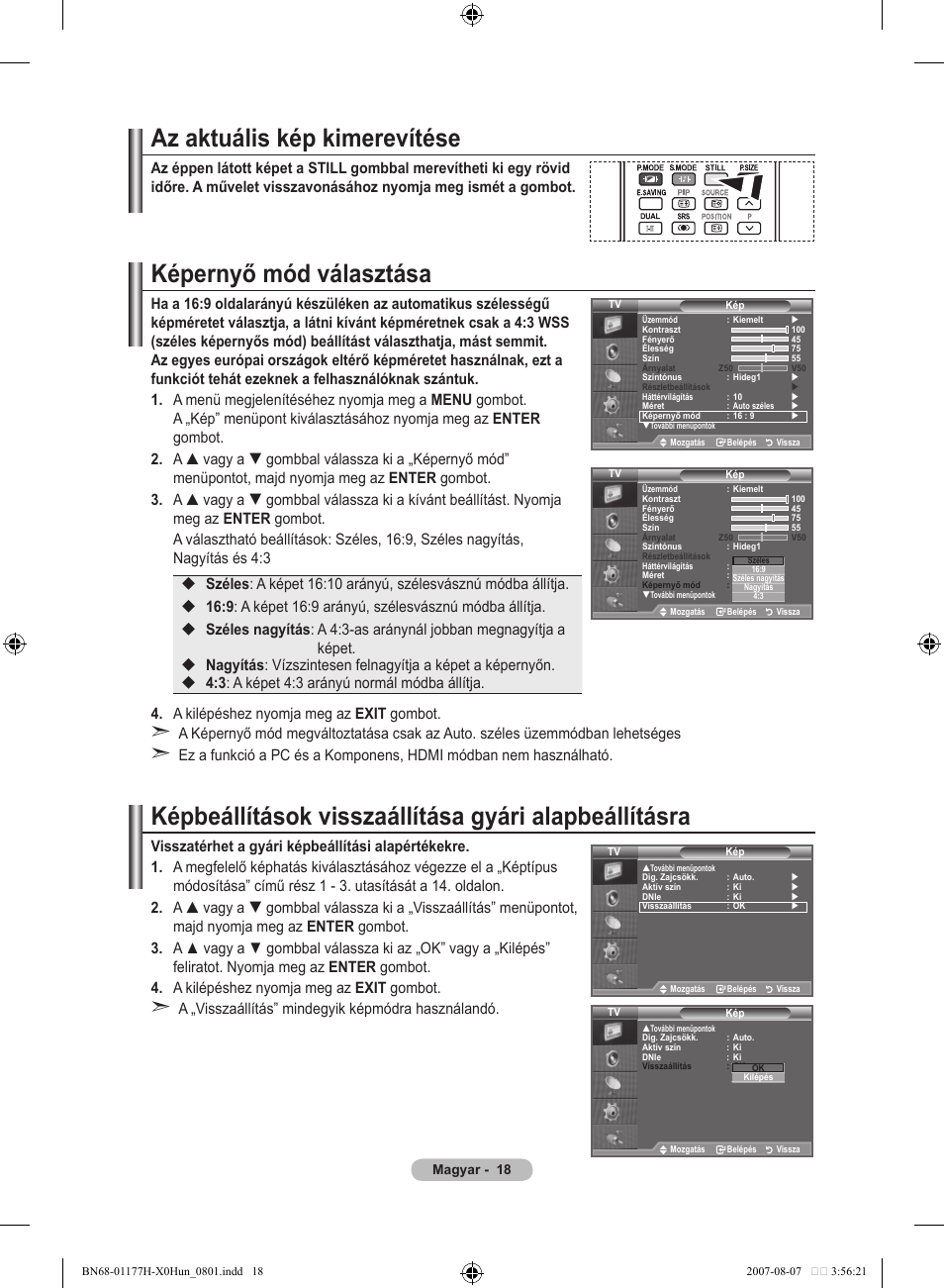 Az aktuális kép kimerevítése, Képernyő mód választása | Samsung LE22S81B User Manual | Page 286 / 461