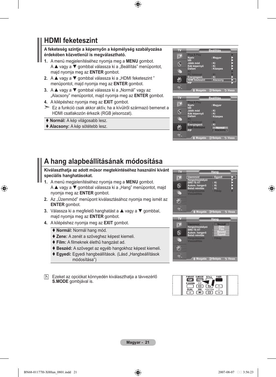 Hdmi feketeszint, A hang alapbeállításának módosítása | Samsung LE22S81B User Manual | Page 289 / 461