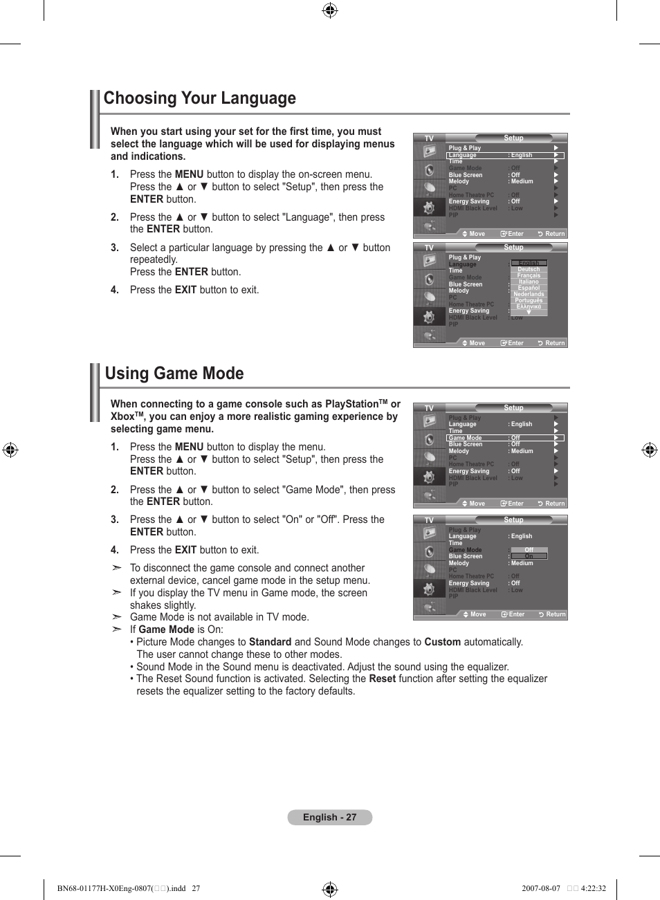 Function description, Choosing your language, Using game mode | Or xbox | Samsung LE22S81B User Manual | Page 29 / 461