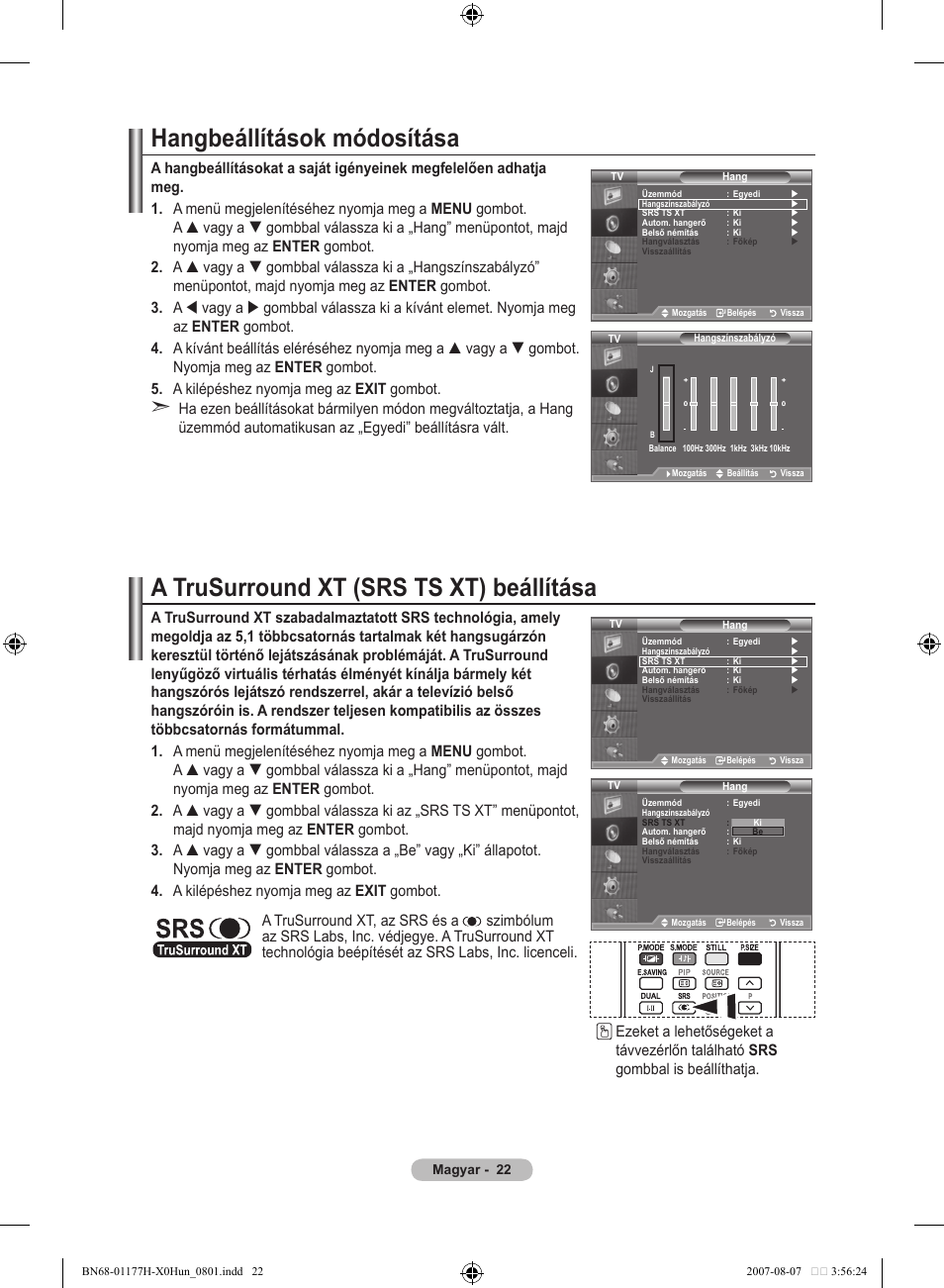 Hangbeállítások módosítása, A trusurround xt (srs ts xt) beállítása | Samsung LE22S81B User Manual | Page 290 / 461