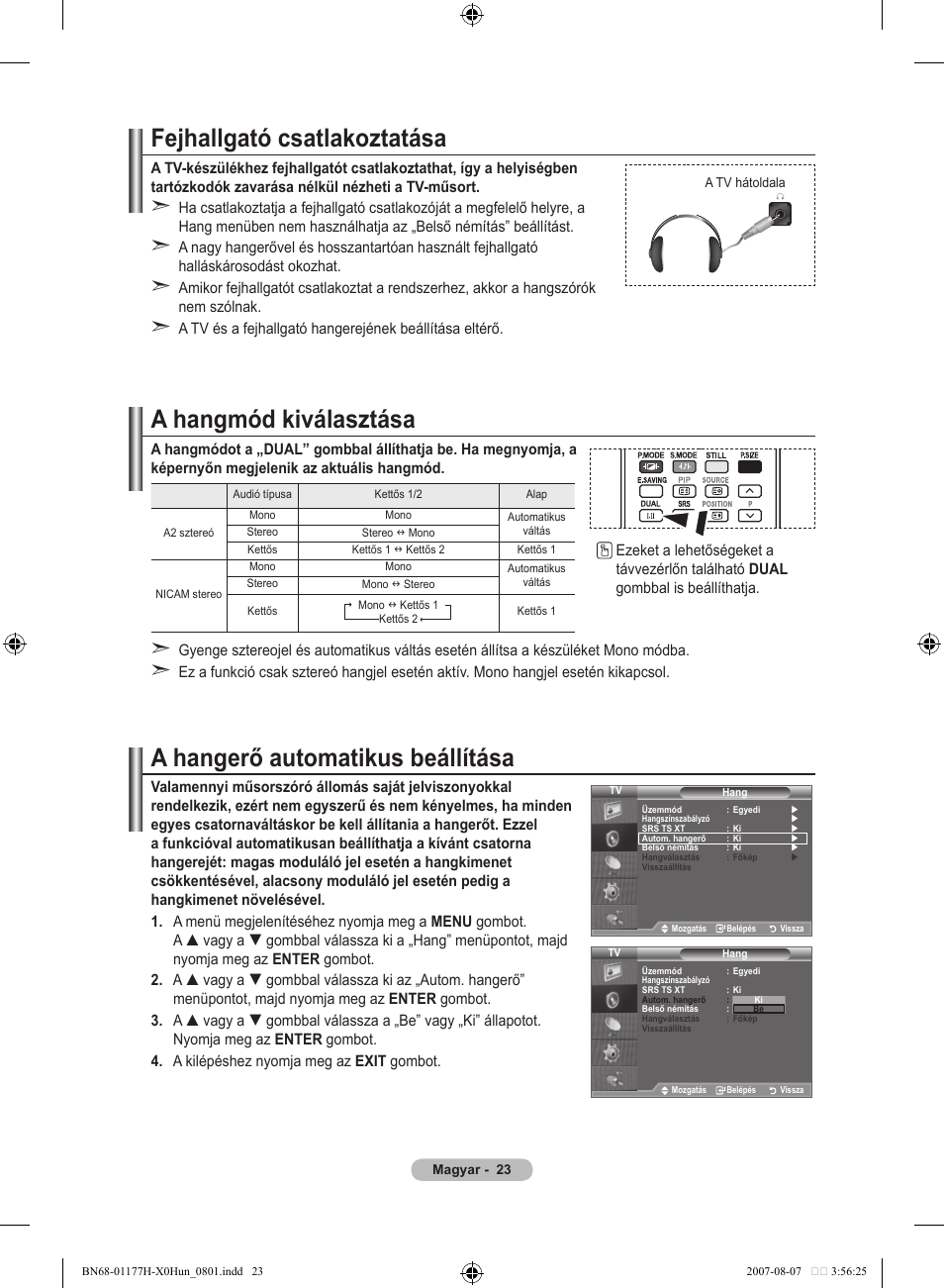 Fejhallgató csatlakoztatása, A hangmód kiválasztása, A hangerő automatikus beállítása | Samsung LE22S81B User Manual | Page 291 / 461