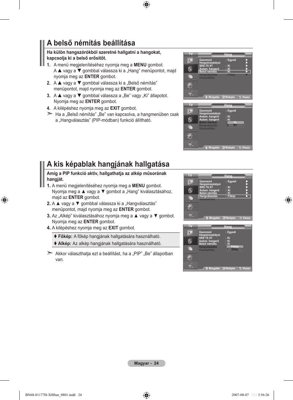 A belső némítás beállítása, A kis képablak hangjának hallgatása | Samsung LE22S81B User Manual | Page 292 / 461