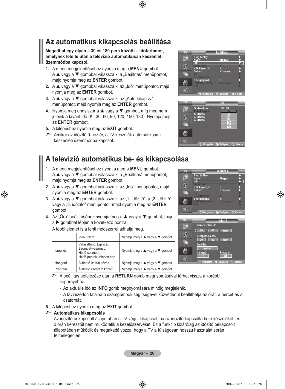 Az automatikus kikapcsolás beállítása, A televízió automatikus be- és kikapcsolása | Samsung LE22S81B User Manual | Page 294 / 461