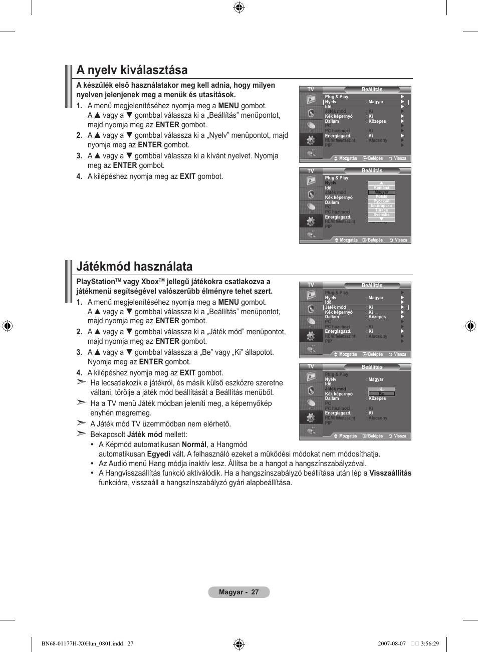 A nyelv kiválasztása, Játékmód használata, Playstation | Vagy xbox | Samsung LE22S81B User Manual | Page 295 / 461