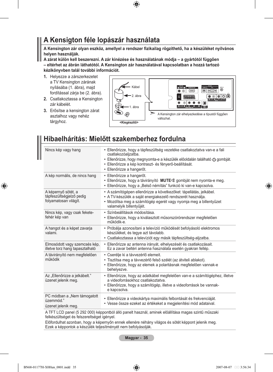 A kensigton féle lopászár használata, Hibaelhárítás: mielőtt szakemberhez fordulna | Samsung LE22S81B User Manual | Page 303 / 461