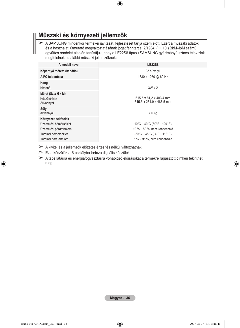 Műszaki és környezeti jellemzők | Samsung LE22S81B User Manual | Page 304 / 461