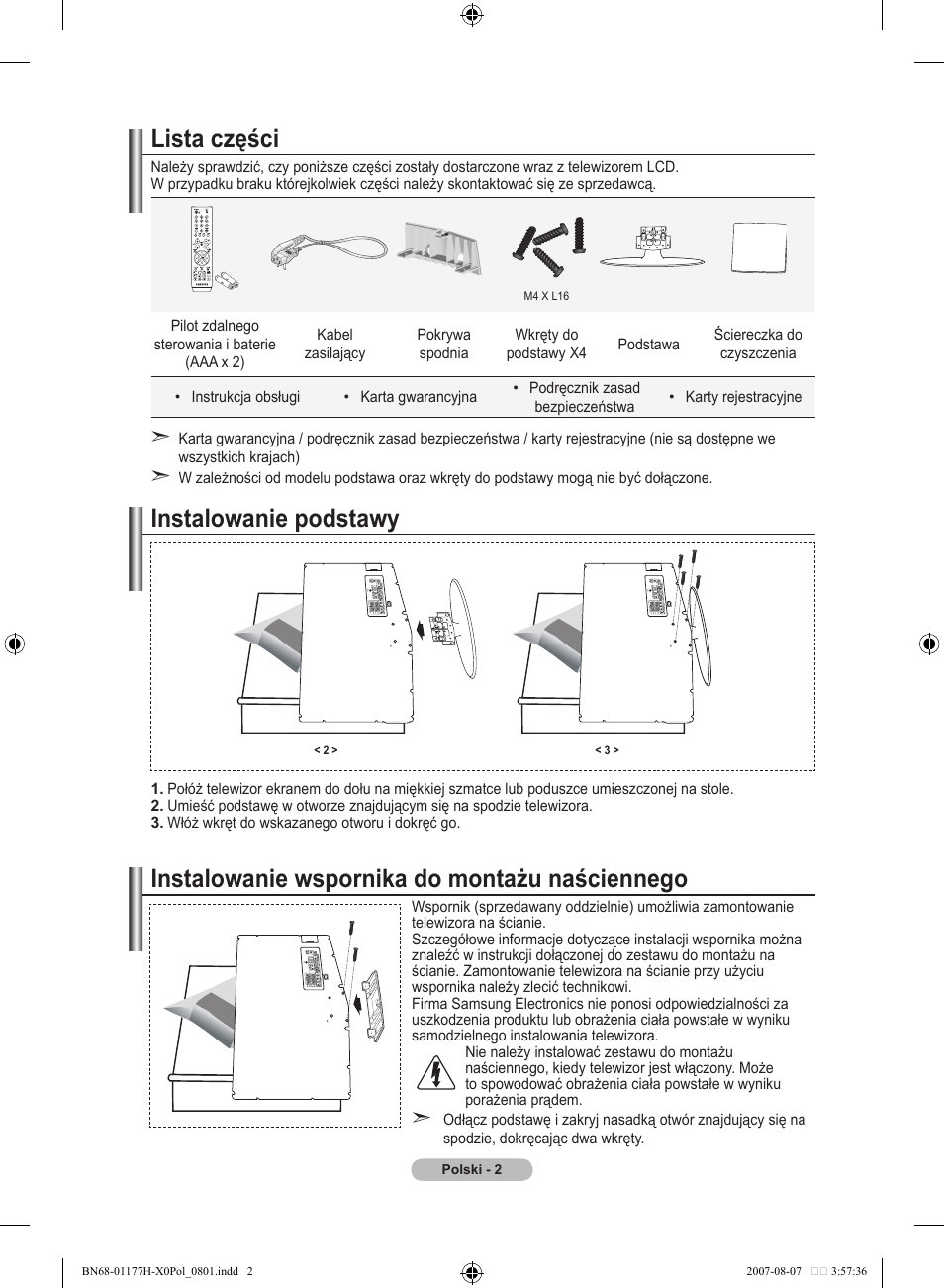 Lista części, Instalowanie podstawy, Instalowanie wspornika do montażu naściennego | Samsung LE22S81B User Manual | Page 308 / 461